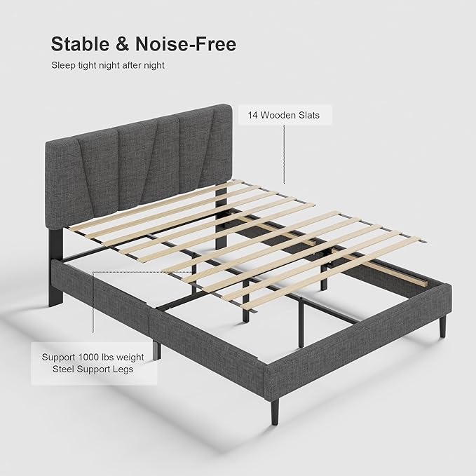Full Size Bed Frame with Fabric Upholstered Headboard, Platform Bed with Wooden Slats Support, Fully Mattress Foundation, Box Spring Optional, Easy Assembly