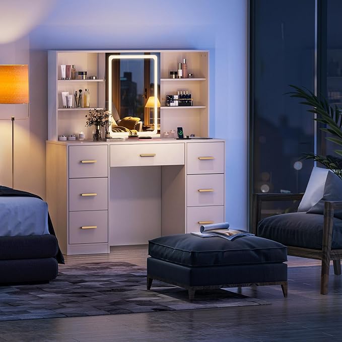 47'' Large Vanity Desk with Mirror and Lights, 7 Drawers, 8 Storage Shelves Vanity Table, Big Makeup Vanity Desk with 3 LED Lighting Modes, Vanity Dresser with Outlet, Sliding Mirror (White)