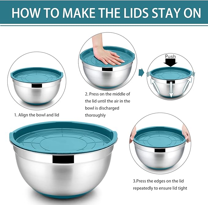 P&P CHEF Mixing Bowls With Lids, Set of 6, Stainless Steel Nesting Mixing Bowls & Fitting Lids & Non-Slip Silicone Bottom, Ideal for Mixing, Storing, Size 0.7/1/1.5/2.5/3/4.6 Qt, Blue