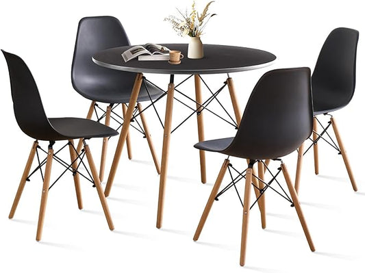 35.5'' 5 Piece Round Dining Table Set for 4, Mid-Century Modern Table with Chairs, Space Saving, Plastic Seats, Wood Legs, Circle Dinner Table for Kitchen, Home, Apartment, Black