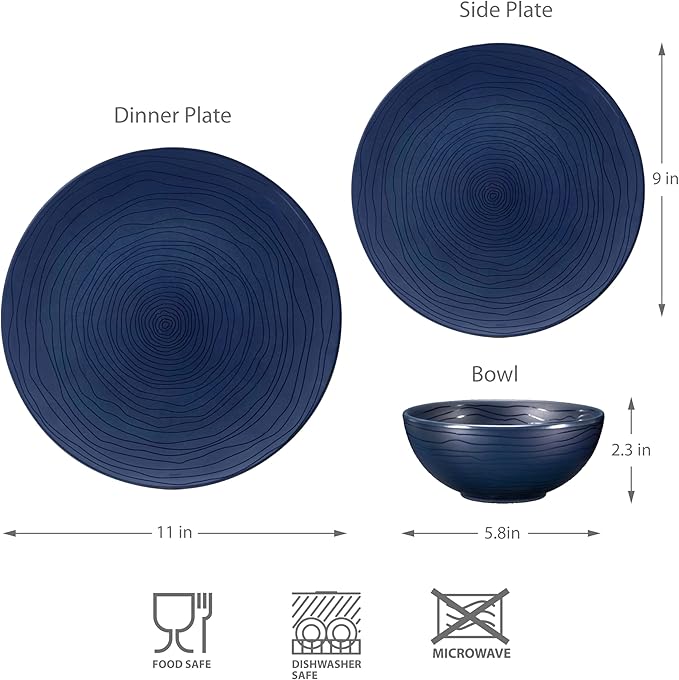 Bzyoo 12 Piece Melamine Dinnerware Set - Durable, Dishwasher Safe, Organica Navy Blue Plates and Bowls Sets Casual Dish Set for Dining, Outdoor and Kitchen