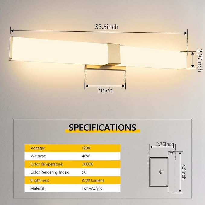 Kalium 33in Modern Wall Sconces, Dimmable Bathroom Vanity Lights, 3000K Warm White LED Indoor Sconces Lighting for Bathroom, Stairs, Living Room, Bedroom. Hardwired.