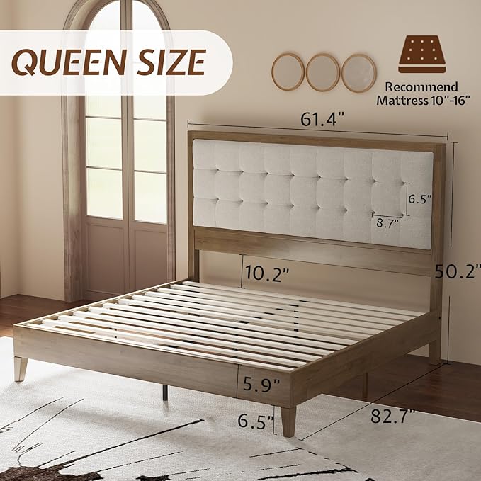 Jocisland Wood Queen Size Bed Frame,Tall Upholstered Tufted Headboard, Solid Wood Platform, No Box Spring Needed, Ash Gray
