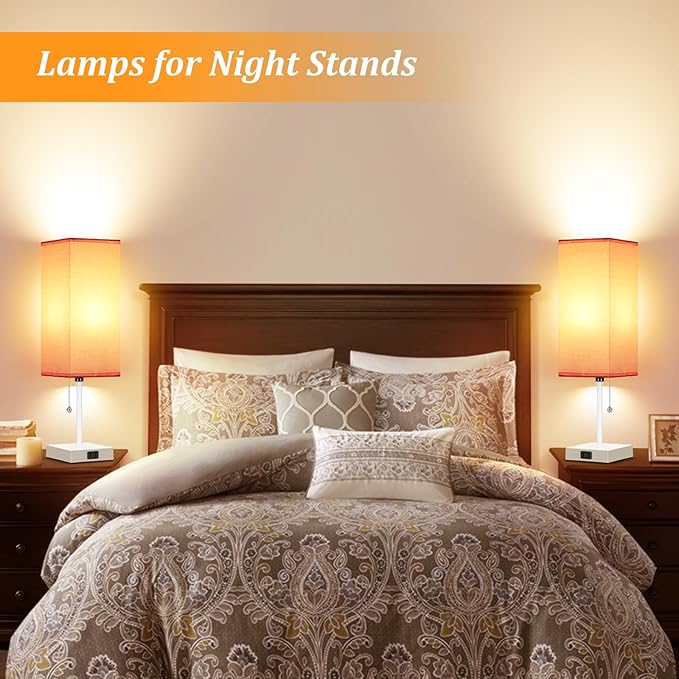 Table Lamp for Bedroom set of 2,3-Color Bedside Lamps with Pull Chain Table Lamps for Nightstand with AC Outlets,18'' Night Light Lamps with 2 Bulbs Lamps for Living Room Kids Office Decor（White-pink）