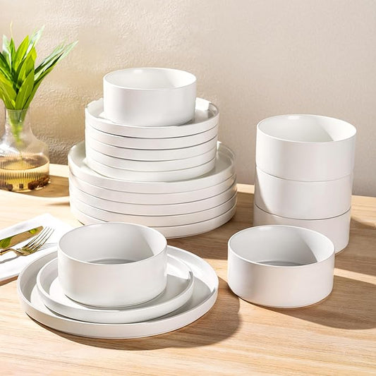GBhome Ceramic Dinnerware Sets for 6, Matte Stoneware Plates and Bowls Sets,Chip and Scratch Resistant Dishes, Dishwasher & Microwave Safe, Oven safe,Reactive Glaze-White