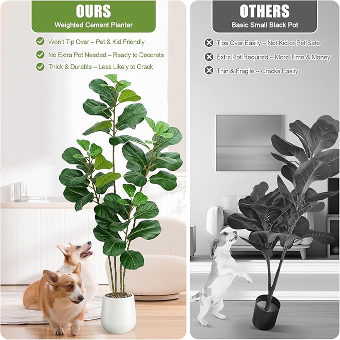 Artificial Fiddle Leaf Fig Tree with White Planter,6ft Tall Fake Plants with 4 Trunk,Faux Fig Trees Floor Plant in Pot,Fake Ficus Lyrata Trees for Indoor Living Room Bedroom Office Housewarming Gift