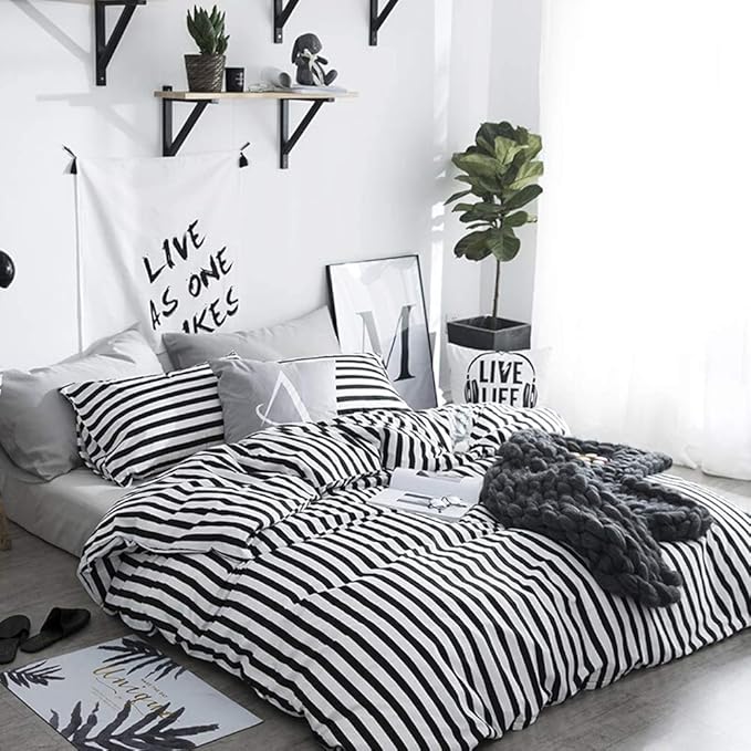 Luxlovery Black and White Comforter Set King Men Women Striped Bedding Set Farmhouse Ticking Stripes Bedding Blanket Geometric Lines Modern Comforter Set with 2 Pillowcases