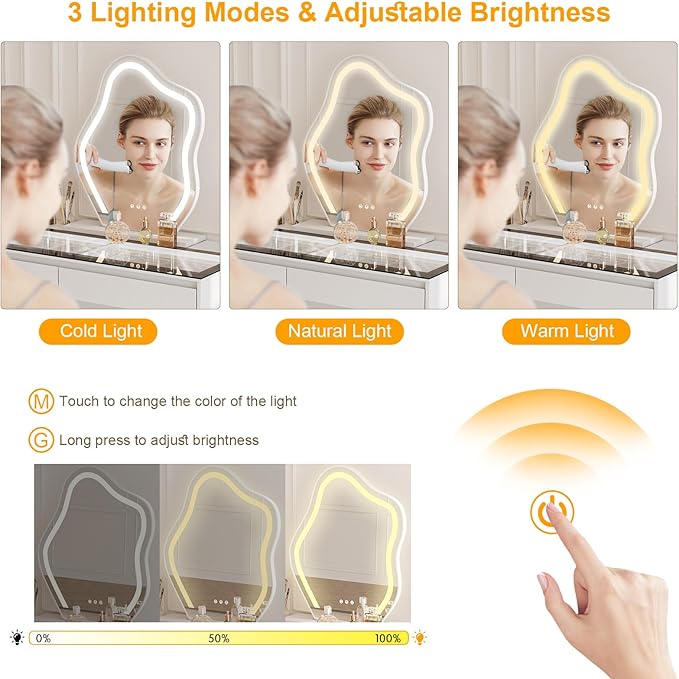 Corner Makeup Vanity Desk with Mirror and Lights, 58" Modern L-Shaped Vanity Table with Glass Top, Large Dressing Table with 2 Drawers & 3 Tier Dresser for Bedroom, White