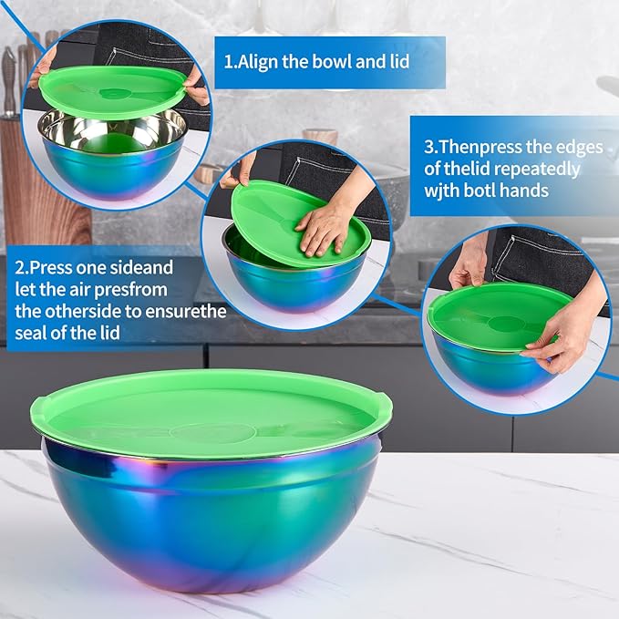 Rainbow Mixing Bowls With Airtight Lids,Stainless Steel Bowl,Salad Bowls 4 Piece Colorful Nesting Bowl Rainbow Kitchen Accessories,Size 5.5,3.6,2.1,1.5 QT Stackable Design