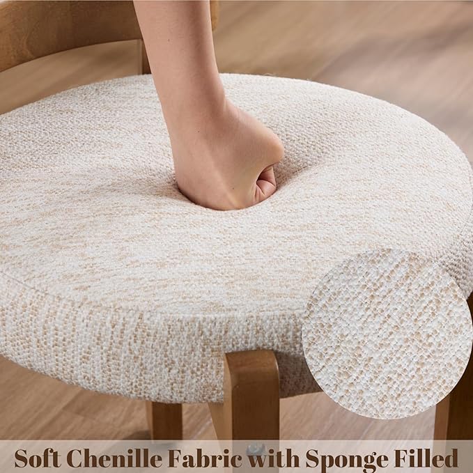 DUOMAY Modern Chenille Vanity Stool, Upholstered Low Back Ottoman with Solid Wood Legs Cute Round Footrest Makeup Stool Dressing Seat for Living Room Bedroom, Beige