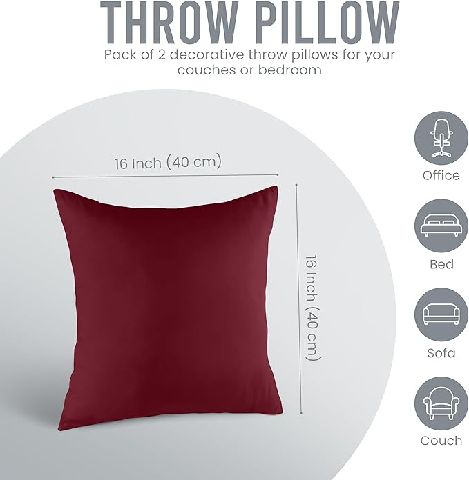 Utopia Bedding Throw Pillows Insert (Pack of 2, Wine Red) - 16 x 16 Inches Bed and Couch Pillows - Indoor Decorative Pillow