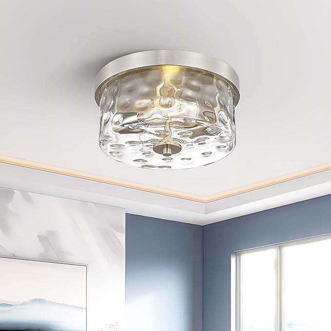 Emak Brushed Nickel Flush Mount Ceiling Light Fixture, Modern 11 inch Hallway Light Fixtures with Hammered Glass Shade, 2-Light Ceiling Lights for Bedroom, Bathroom, Hallway, Kitchen, FM082-BN-HG