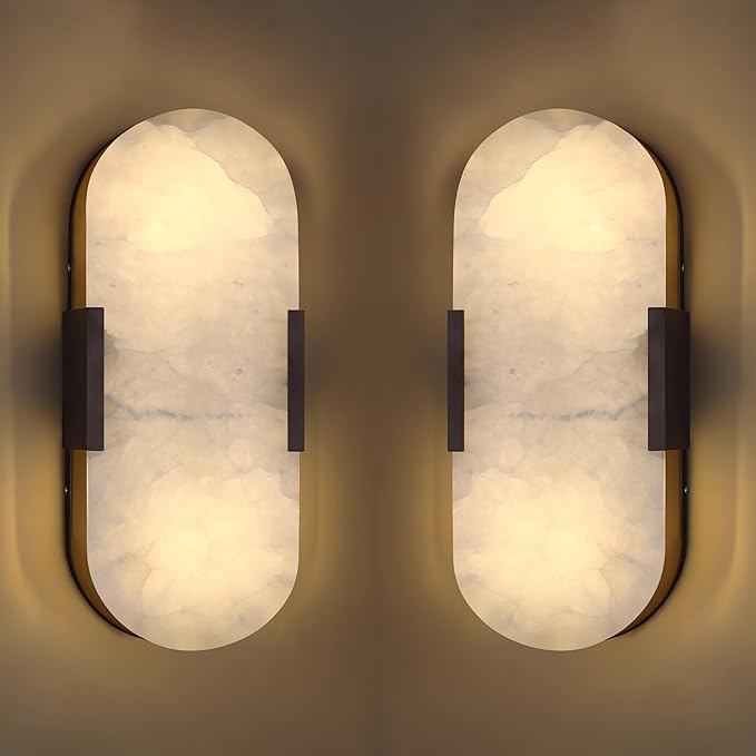 Doraimi Lighting 2 Pack 2 Light 12" Natural Oval Alabaster Marble Bathroom Wall Sconce Modern Concise Style Wall Light Fixture,Oil Rubbed Bronze Finish for Bedroom Hallway Bedside Living Room