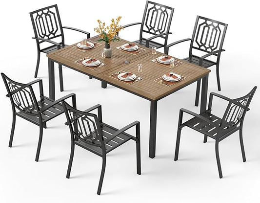 PHI VILLA Outdoor Table & Chairs Wrought Iron Patio Furniture 7 Piece, Large Dining with Umbrella Hole 6 Backyard Garden Support 300LBS for Deck, Lawn, Garden, Black Style 3, Brown-64'' x 38'' 29''