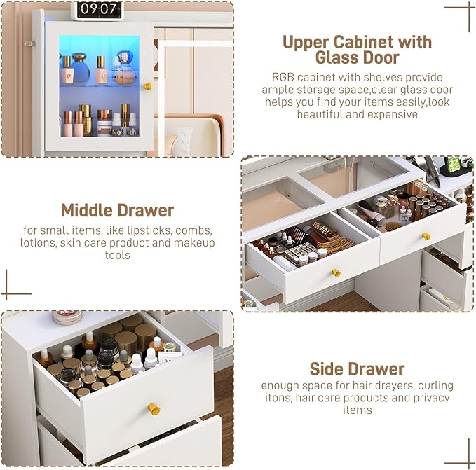 Large Vanity Desk w/60000-color LED Lights,Tempered Glass Top,Outlet,62inch White Makeup Vanity Table w/ 3 Lights Mode Mirror & Lights,9 Drawers,2 RGB Cabinet,LED Dressing Table for Women