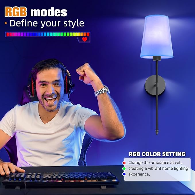 NIORSUN 25.4 inch Battery Operated Wall Sconce Set of 2,Black Rechargeable Wall Lights with 5200mAh Dimmable Detachable Bulbs and Remote,9 Colors Wireless Sconces for Bedroom Living Room Hallway