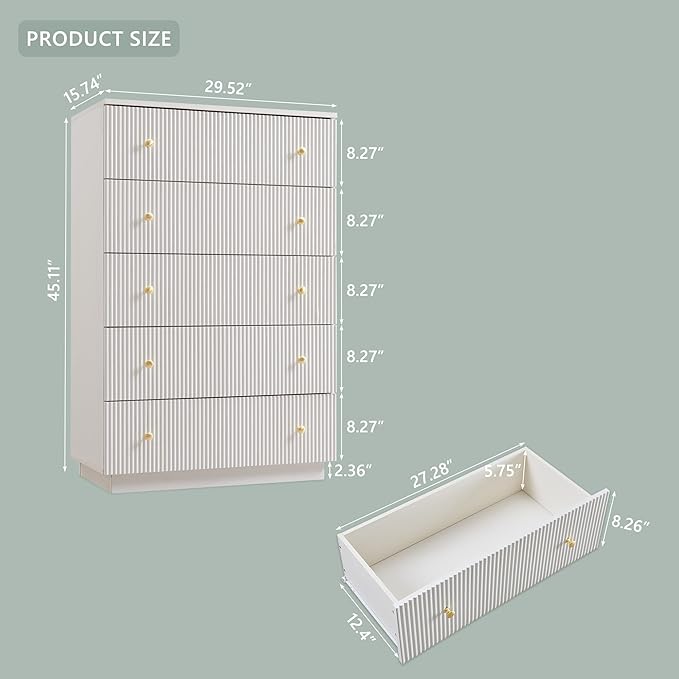 Fluted Dresser for Bedroom, White 5 Drawer Dressers, Wood Tall Dresser Storage Organizer, Chest of Drawers with Deep Storage, Modern Bedroom Chest for Closet Hallway, Entryway, Living Room