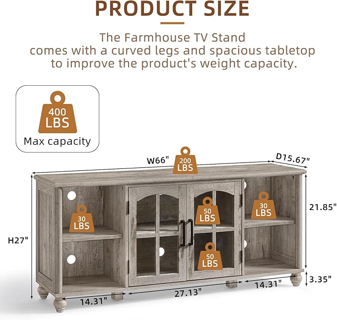 Farmhouse TV Stand for 60 Inch TV, Wood Entertainment Center with Glass Door Storage Cabinet & Adjustable Shelves,Television Stands for 65" TVS, Grey TV Console Table for Living Room,Bedroom