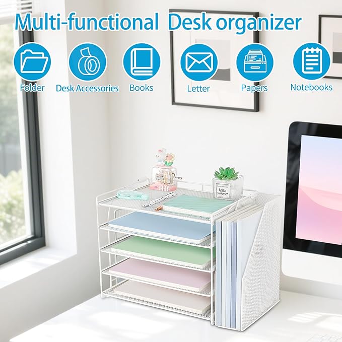 AUPSEN White Desk Organizers and Accessories, 5-Tier Letter Tray Paper Organizer with Adjustable File Holder, Desktop Office Desk Accessories for Office Supplies