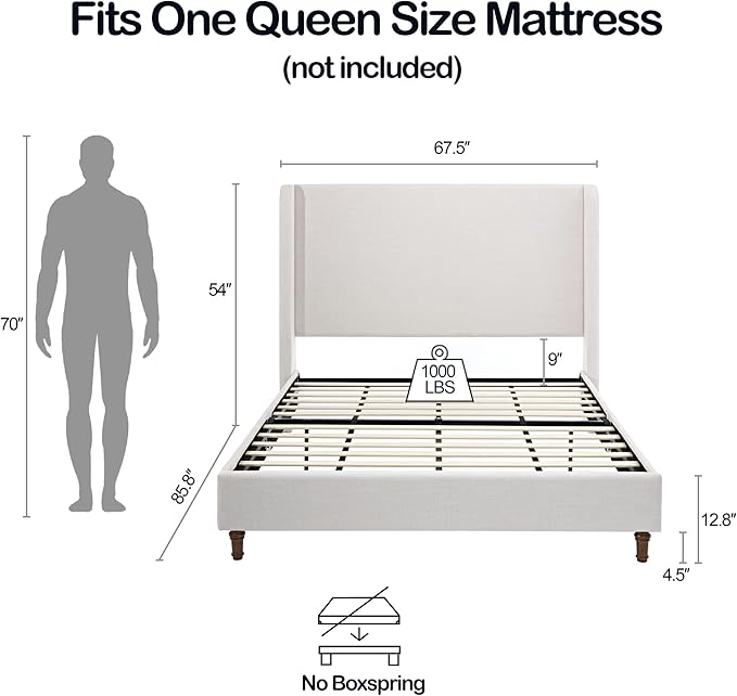 54" Tall Headboard Bed Frame with Chenille Upholstery, High Wingback Platform Bed, Sturdy Metal Foundation and Solid Wood Feet (Textured Ivory, Queen (U.S. Standard))