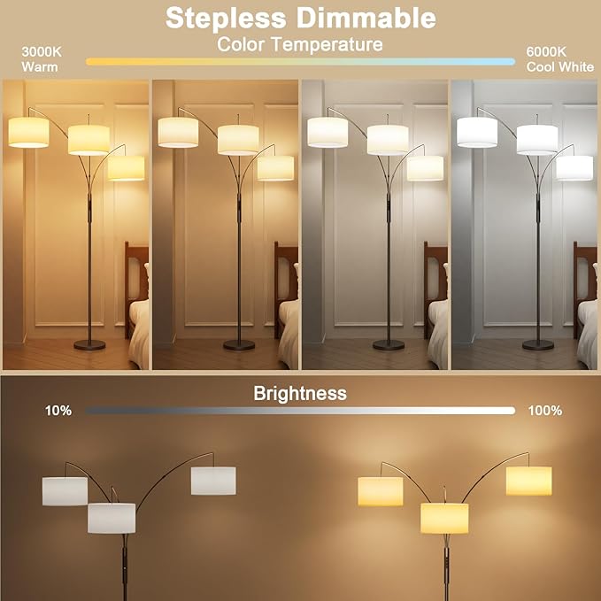 36W LED Arc Floor Lamp with 3 White Fabric Shades, 3000LM Super Bright Standing Lamp with Remote Control & Touch, Stepless Dimming, Individual Light Control for Living Room, Bedroom