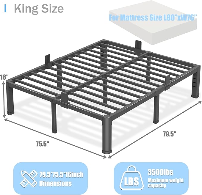 16 inch King Size Bed Frame with Round Corner Legs and Headboard Hole Mattress Slide Stopper 3500 lbs Heavy Duty Metal Platform,Steel Slat Support,No Box Spring Needed,Easy Assembly,Noise Free