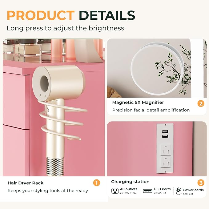 Vanity Mirror with Lights, Vanity with Lighted Mirror, 11 Drawers Makeup Vanity Desk with 3 Lighting Modes Adjustable Brightness, Pink Vanity with Glass Top for Bedroom