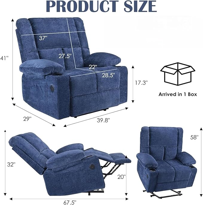 Electric Power Lift Recliner Chair, Oversized Reclining Chair with 8 Massage,Recliner Single Sofa with 2 Cup Holders,Side Pockets,USB Charge Port,Remote Control for Living Room,Bedroom,Blue