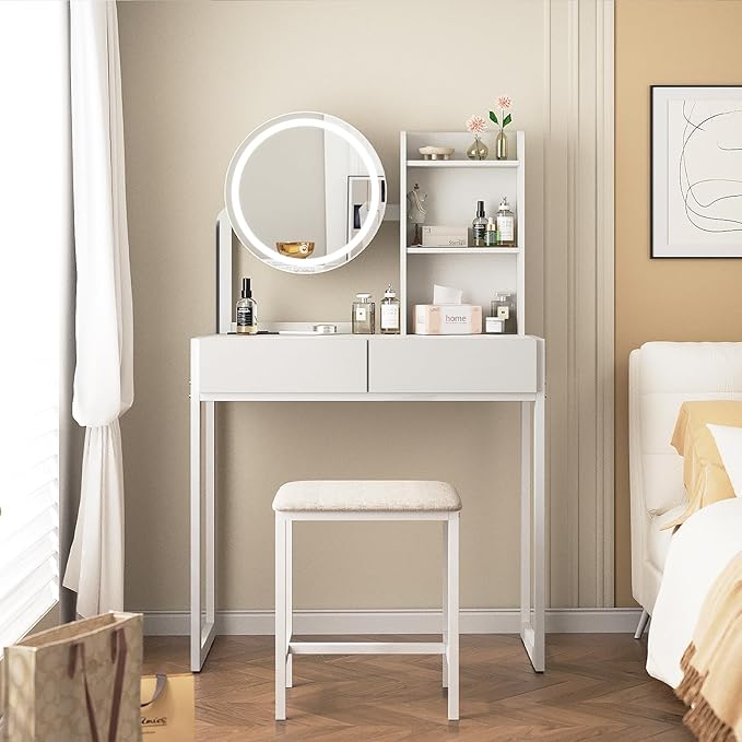 Small Vanity Desk with Mirror and Lights, Makeup Vanity Table with LED Mirror, 3 Lighting Modes, Power Outlet, Drawer, Open Shelves and Cushioned Stool for Bedroom (White)