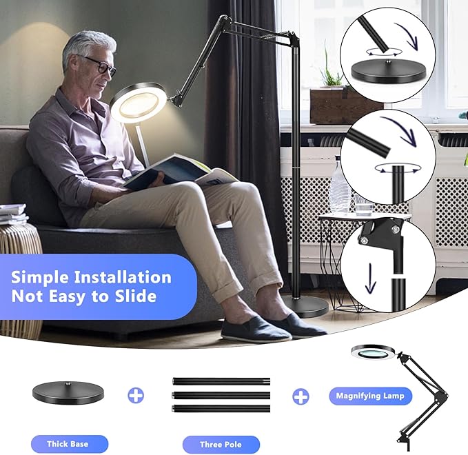 10X Floor Magnifying Glass with Light, Large 3-in-1 Adjustable Height Magnifying Floor Lamp, 72 LED Floor Lamp 2 Color Stepless Dimmable Arm Swing Desk Lamp for Reading, Close Work, Crafts