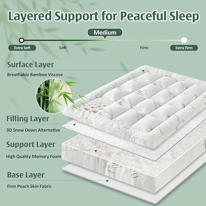 DOWNCOOL 3 Inch Memory Foam Mattress Topper Twin – Cooling Pillow Top Mattress Topper for Back Pain Relief, with Bamboo Viscose Air Layer, 1700 GSM Fill, Deep Pocket Fits 8–21 Inch