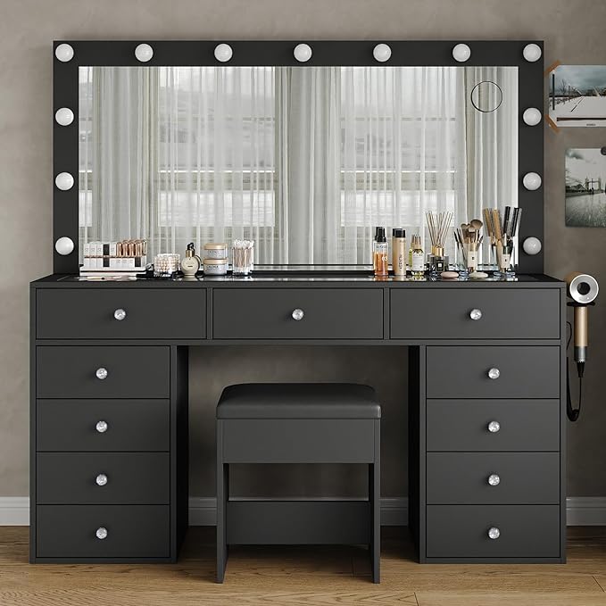 Vanity Desk, 11 Drawers Makeup Vanity with Power Outlet, Vanity Table with Mirror and Lights, 3 Color Lighting Modes, Dressing Table for Bedroom (Black)
