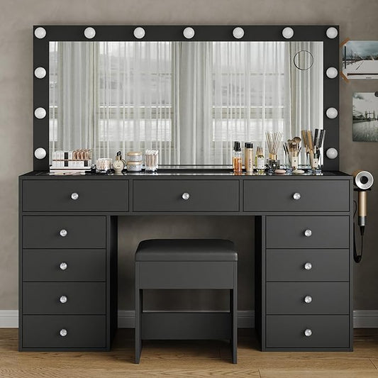 Vanity Desk, 11 Drawers Makeup Vanity with Power Outlet, Vanity Table with Mirror and Lights, 3 Color Lighting Modes, Dressing Table for Bedroom (Black)