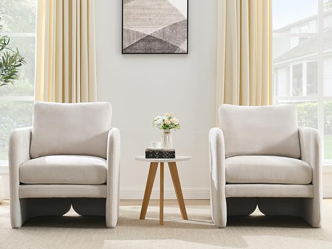 Modern Barrel Accent Chairs Set of 2, Beige Chenille Fabric Armchair for Living Room, Comfy Upholstered Reading Accent Chairs Single Sofa Chair for Bedroom Waiting Room Office, Beige