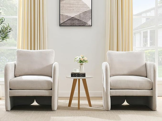 Modern Barrel Accent Chairs Set of 2, Beige Chenille Fabric Armchair for Living Room, Comfy Upholstered Reading Accent Chairs Single Sofa Chair for Bedroom Waiting Room Office, Beige