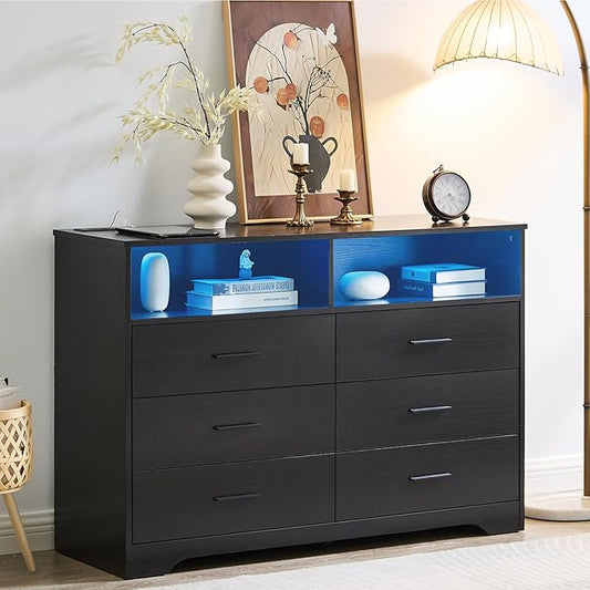 LIDYUK Dresser for Bedroom, Wood Dresser with 6 Drawers, Modern Minimalist Dressers & Chest of Drawers with Charging Station & LED Lights, 48 Inches TV Stand for Bedroom, Living Room, Black
