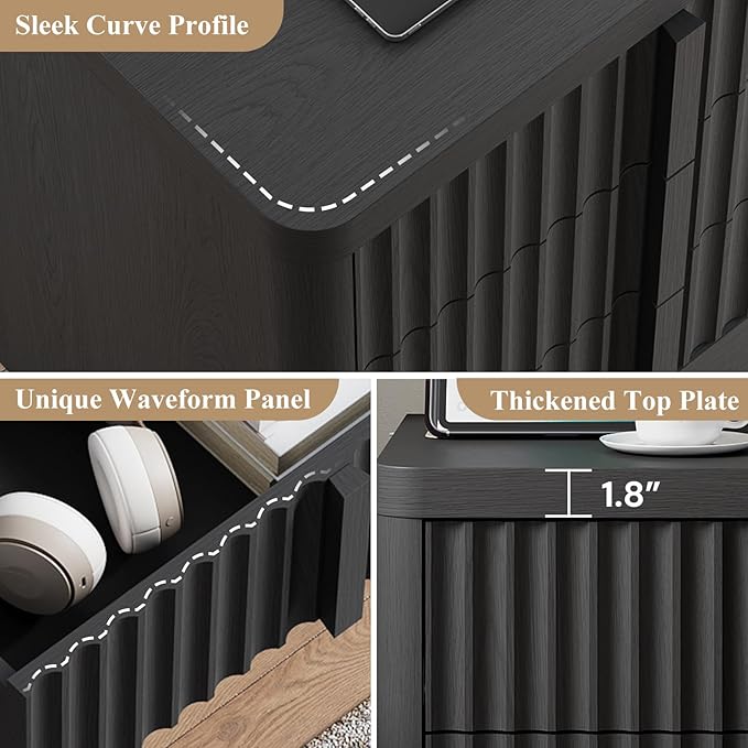 Fluted Night Stand with Charging Station, 23.6" Nightstand with Solid Wood Handle, Mid Century Moden Bedside Table End Table 3 Drawer Dresser for Bedroom, Living Room, Black