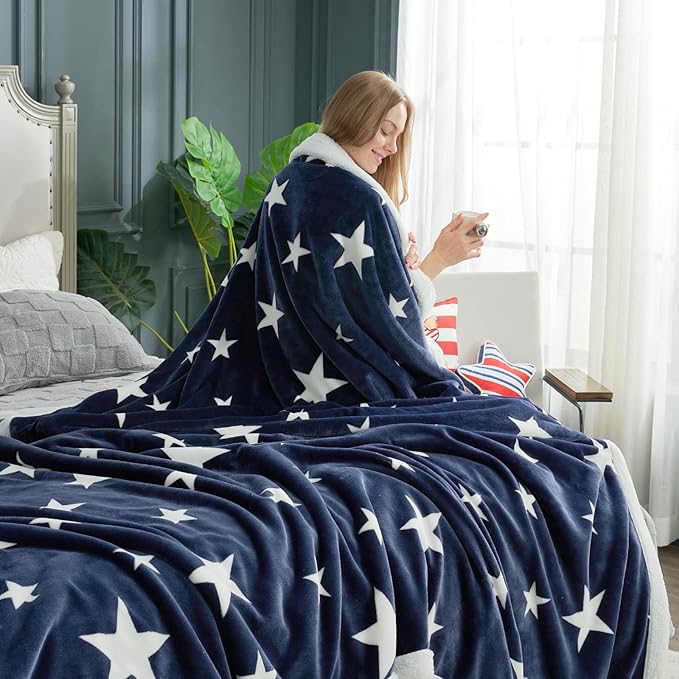 Cozy Bliss Thick Warm Sherpa Fleece Star Blanket, Double Sided Patriotic Throw Blanket Fluffy Soft Fuzzy Thick Blanket for Couch, Bed and Gifts(Navy Blue, 60" x 80")