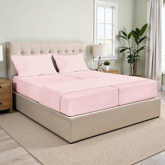 XOOX Linen Split King Sheets Sets for Adjustable Bed - 100% Cotton 500 Thread Count Split Head King Sheets (5 PC, Blush), Soft, Cooling Sateen Weave Sleep Number Deep Pocket Bed Sheet Set