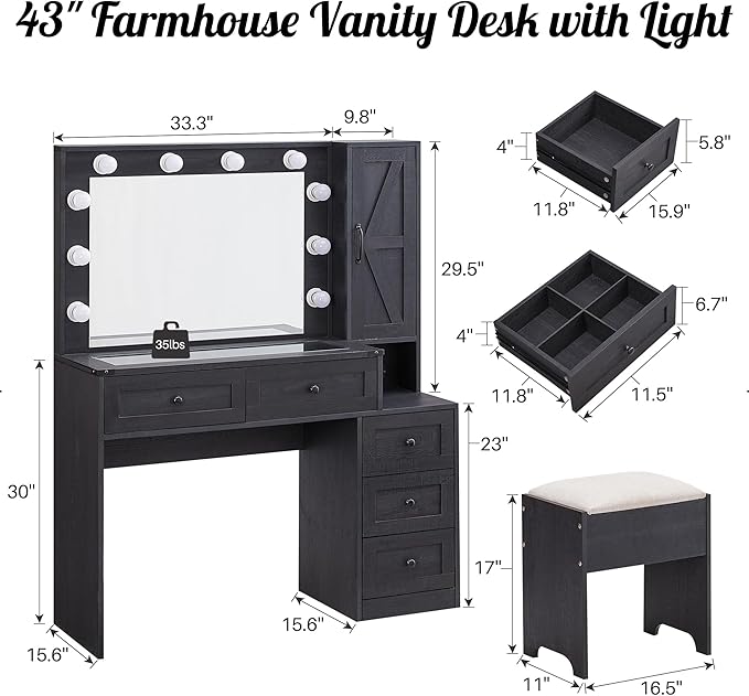 Farmhouse Vanity Desk with Mirror and Lights, 43" Wide Makeup Vanity with Glass Tabletop and Charging Station, Modern Vanity Table Set with Storage and Stool for Bedroom, Black
