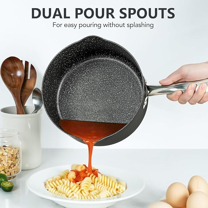 MICHELANGELO 3 Quart Saucepan with Lid, Hard Anodized Nonstick Sauce Pan with Strainer Lid & Pour Spouts for Easy Pour, Granite Derived Coating Sauce Pan for Cooking, Small Pot - 3 Qt Saucepan