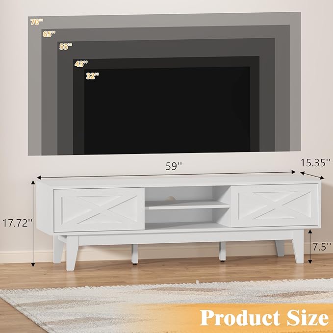 Wooden TV Stand for 55 65 70 inch TV, Long & Large TV Media Console Table with Storage Cabinets, Boho Farmhouse Entertainment Center for Living Room, Bedroom - White