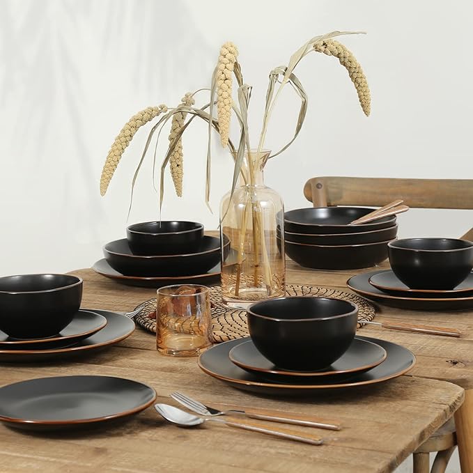 Stone Lain Brasa Stoneware 32 Piece Dinnerware, Plates and Bowls Sets for 8, Black, Glossy Rustic-Chic Design, Microwave & Dishwasher Safe