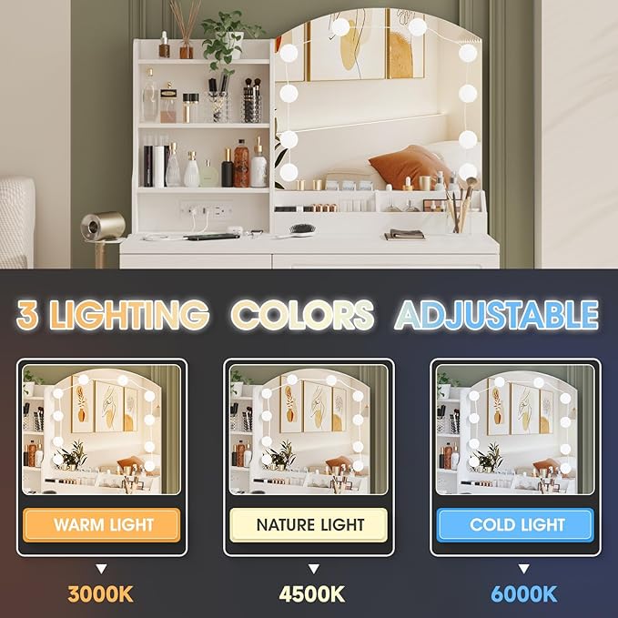 Vabches Makeup Vanity Desk with Lights and Charging Station, White Vanity Set Makeup Table with 4 Drawers Lots Storage, 3 Lighting Colors, Large Size 39.4in(W)