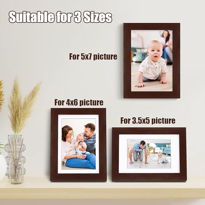 Egofine 5x7 Picture Frame Made of Solid Wood with Plexiglass, Display Pictures 3.5x5/4x6 with Mat or 5x7 Without Mat for Tabletop and Wall Mounting, Walnut Color