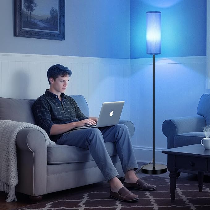FRIDEKO HOME Floor Lamp with Blue Shade, Simple Design with Foot Pedal Switch, Small Tall Lamps for Living Room Bedroom Office, Corner Floor Stand Light with Black Pole Lamp (No Bulb/No Remote)