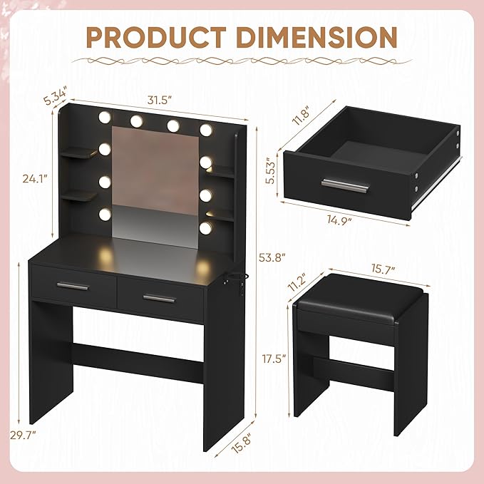 YESHOMY Vanity Desk with Mirror, Makeup Table with 2 Large Drawers, Power Outlet and Round Holder, 3 Color Modes Adjustable Bulb, Pure Black