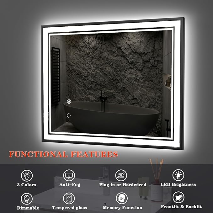 40" x 32" LED Bathroom Mirror with Lights Framed LED Mirror for Bathroom Backlit and Front Lighted Bathroom Mirror Black Square Aluminum Frame Anti-Fog Dimmable Vanity Adjustable Memory