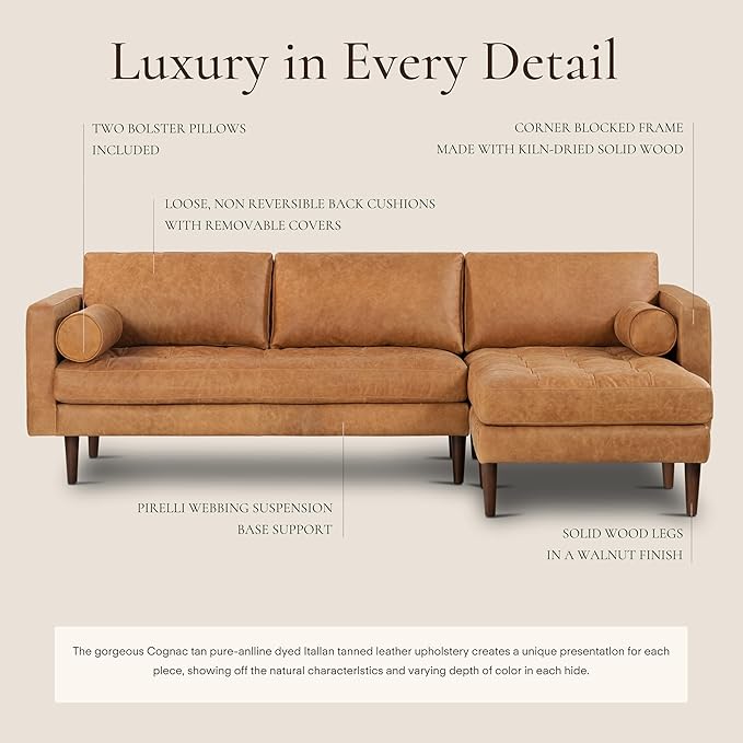 Poly & Bark Napa Leather Couch - Right Facing Sectional Sofa with 2 Bolsters - Full-Grain Leather Sofa for Living Room with Feather-Down Topper - Corner Couch - Vintage Italian Leather in Cognac Tan