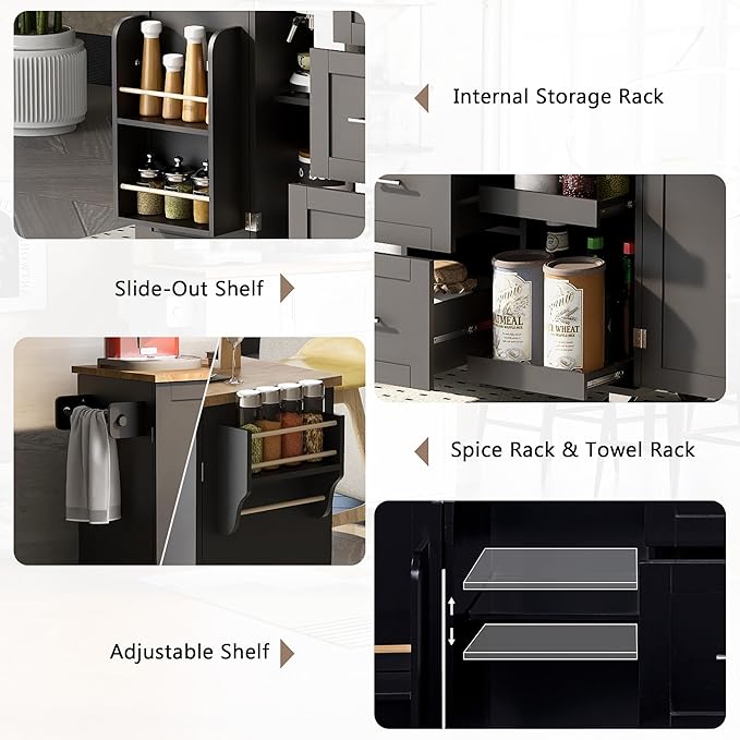 Rolling Mobile Kitchen Island Cart Cabinet with Door Internal Storage Rack, 3 Drawers and 2 Slide-Out Shelves for Dining Room